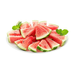 Sliced watermelon on a plate, garnished with mint