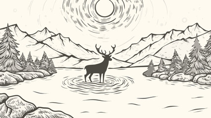 Illustration of a deer standing in a lake surrounded by mountains and trees under a radiating sun silhouette
