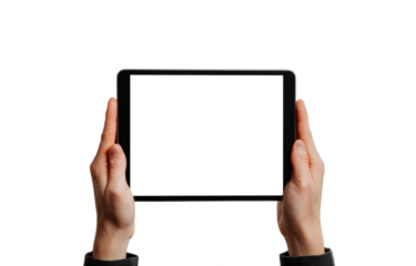 Hands touching blank screen of black tablet computer, isolated on white background
