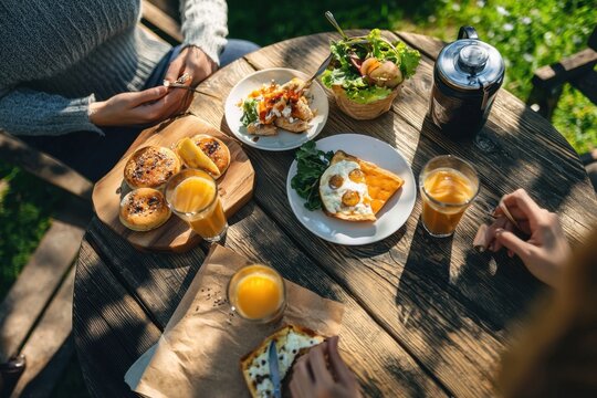 Spring outdoor brunch gathering park setting food spread relaxing atmosphere aerial view culinary delight - Powered by Adobe
