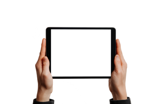 Hands touching blank screen of black tablet computer, isolated on white background
