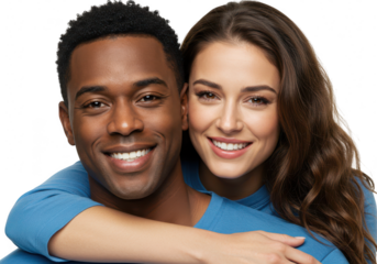 A happy interracial couple is embracing and smiling in a portrait against a white