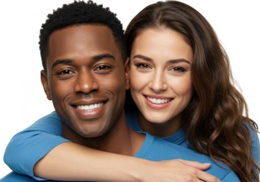 A happy interracial couple is embracing and smiling in a portrait against a white