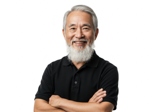 A smiling senior asian man with a gray beard and crossed arms poses against a