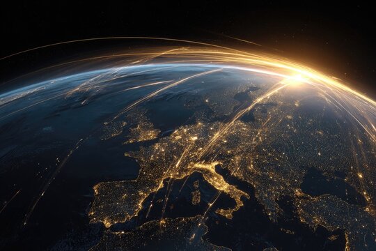 Earth's European expanse at dawn, lit by city lights and glowing network lines