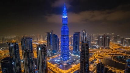 Bright city skyline glowing under the night sky in modern urban environment - Powered by Adobe