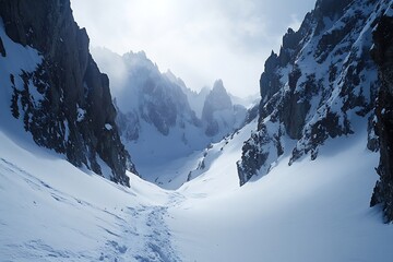 Steep mountain pas winding through snowy peaks no human no labelling no logo