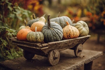 Pumpkins on Wagon Autumn bounty on weathered table, blurred nature backdrop