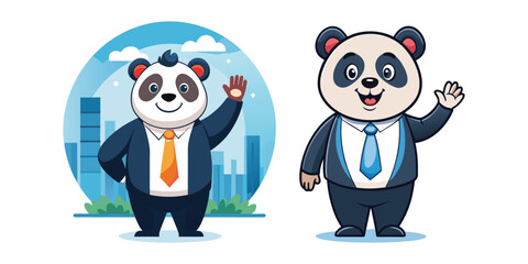 Friendly Corporate Panda Welcoming Clients with Open Arms, Business Mascot Vector Illustration for Office, Networking, Customer Service, Professional, Client Relations, Teamwork, Success