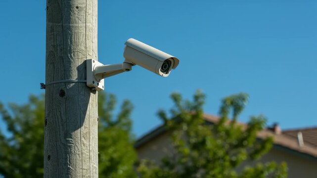 Outdoors. A moving security camera mounted on a utility pole.