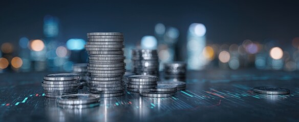 The stack of shiny coins representing financial growth in a modern cityscape.