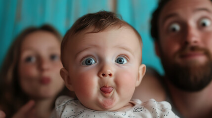  Baby photobombing a family portrait by making a funny face 