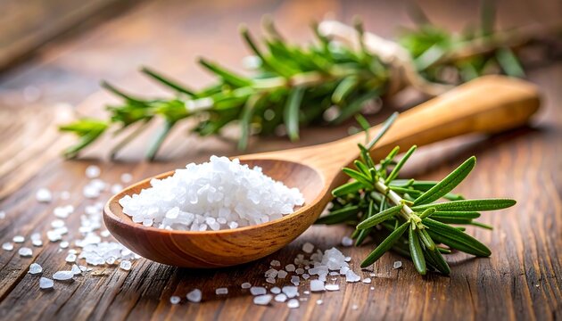 Wooden spoon of coarse salt with rosemary sprigs