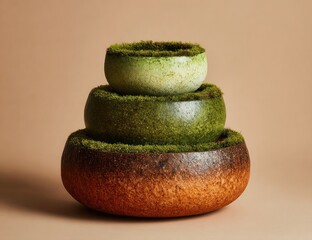 Three nested bowls, layered, with moss