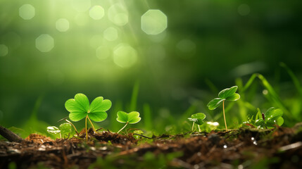 Petits trèfles planté dans la nature à côté de mousse et gazon dans une forêt lumineuse. Rayon du soleil qui pénètre à travers les feuilles des arbres. Calme, apaisant. Extérieur, nature.