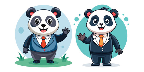 Friendly Corporate Panda Welcoming Clients with Open Arms, Business Mascot Vector Illustration for Office, Networking, Customer Service, Professional, Client Relations, Teamwork, Success