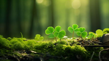 Petits trèfles planté dans la nature à côté de mousse et gazon dans une forêt lumineuse. Rayon du soleil qui pénètre à travers les feuilles des arbres. Calme, apaisant. Extérieur, nature.