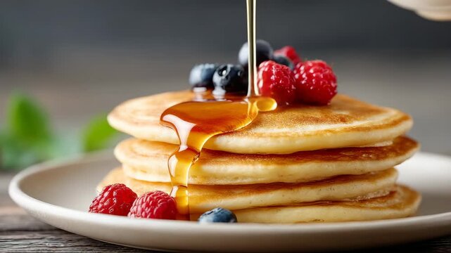 Maple syrup drizzling over fresh pancakes with berries on rustic table