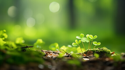 Petits trèfles planté dans la nature à côté de mousse et gazon dans une forêt lumineuse. Rayon du soleil qui pénètre à travers les feuilles des arbres. Calme, apaisant. Extérieur, nature.