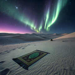 prayer mat floating in desert under aurora sky