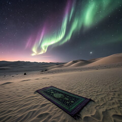 prayer mat floating in desert under aurora sky