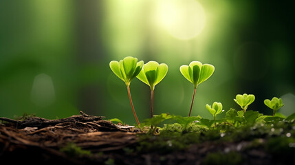 Petits trèfles planté dans la nature à côté de mousse et gazon dans une forêt lumineuse. Rayon du soleil qui pénètre à travers les feuilles des arbres. Calme, apaisant. Extérieur, nature.