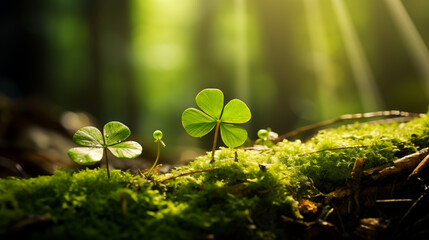 Petits trèfles planté dans la nature à côté de mousse et gazon dans une forêt lumineuse. Rayon du soleil qui pénètre à travers les feuilles des arbres. Calme, apaisant. Extérieur, nature.
