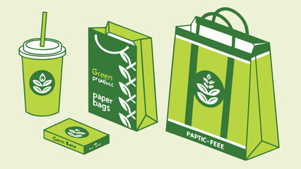 Green product packaging vector showing biodegradable containers eco-labels paper bags and plastic-free materials




