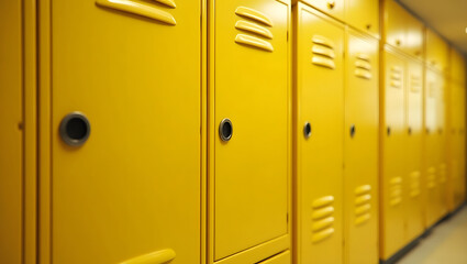 Row of yellow lockers in a school hallway. Storage units background