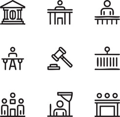 Legal and judicial vector icon set outline style,editable stroke court,judge,gavel,witness,jury,podium,law,hair salon,authority icon set