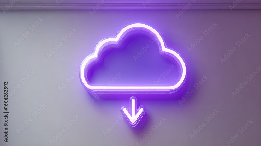 Fototapete glowing neon cloud with a downward arrow symbolizing data download.