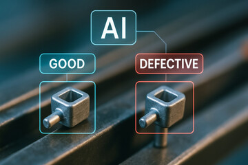 AI quality control in manufacturing processes identifies good and defective metal parts ensuring precision and efficiency in production lines