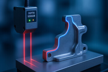 Depth sensor scanning metal part for quality control manufacturing processes ensuring precision and accuracy industrial production environments