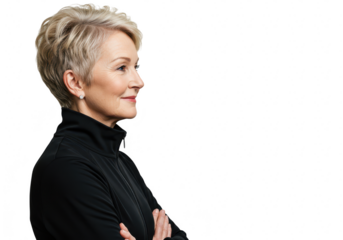 A beautiful mature woman with short blonde hair is posing in profile with her arms