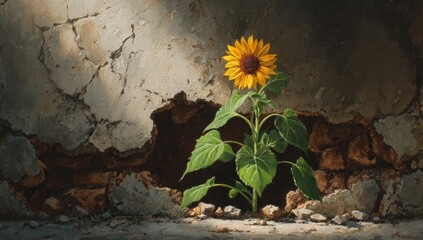 Sunflower sprouting from cracked concrete