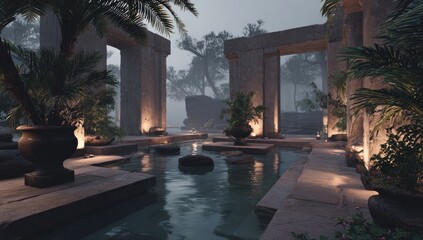 Misty, ancient garden with stone pillars and water features