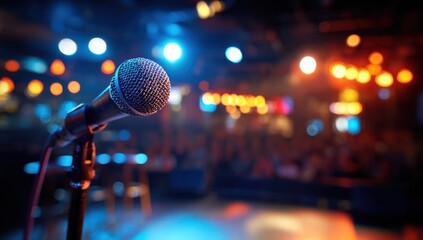 A microphone stands ready on a brightly lit stage bathed in vibrant hues, awaiting the performer to share their voice with the eager audience.