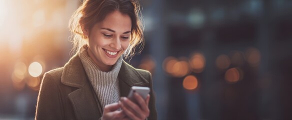 The woman smiling while using a smartphone in a vibrant urban setting.