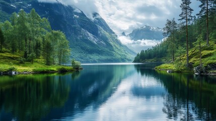 Fototapeta premium Summer lake landscape with calm water