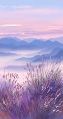 Misty mountain vista with purple grasses