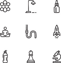 Miscellaneous vector icon set simple outline style honeycomb,streetlight,dropper,yoga,hose,rocket,water bottle,chess pawn,microscope icon set