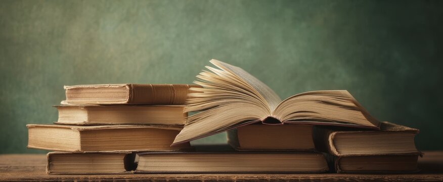 The Vintage Collection of Books with an Open Volume on a Desk