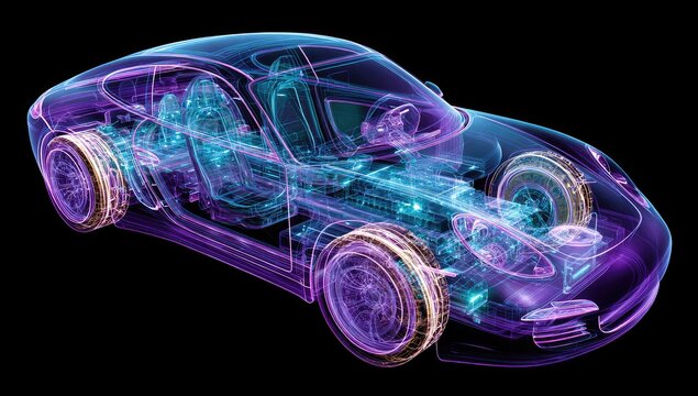 X-ray view of a sports car's internal structure, rendered in translucent, vibrant purple and blue hues