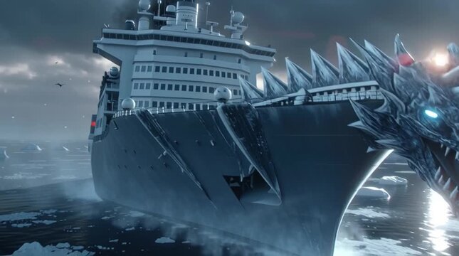a cinematic video of a dragon-inspired icebreaker ship with a dragon head front breaking through frozen arctic seas, glowing icy-blue scales covering its hull, breath of cold mist from the dragon mout