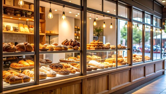 Charming bakery shopfront showcasing a tempting array of freshly baked goods displayed behind glass windows