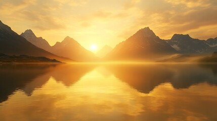 Serene alpine lake reflecting dramatic rocky peak under golden sunset skies no human no labelling no logo