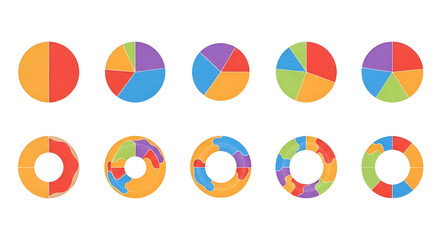 Illustration of colorful pie and donut charts showcasing data segments against a transparent background