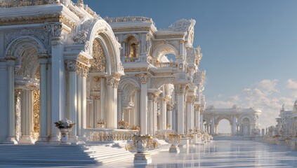 Grand, ornate white palace, sunlit columns, arches