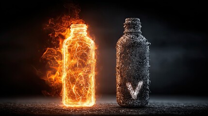 Electricity combustible fuel comparison, energy source concept, environmental tech scene, power choice idea, modern art