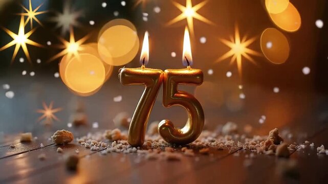 75th Celebration Candle Scene with Gold Number, Lit Flames and Festive Glow on Wooden Surface for Birthday or Anniversary Greeting Visuals
